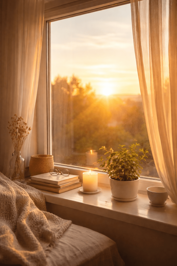 Warm sunrise light through a window, symbolizing kindness and healing.