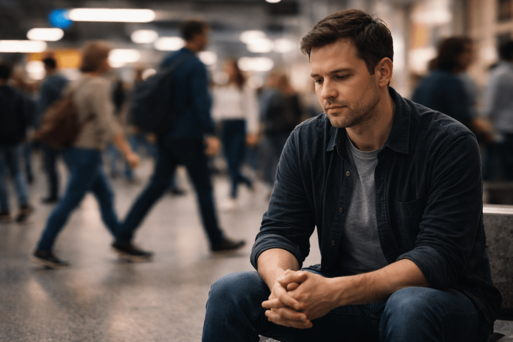Man sitting calmly in a busy public place, people moving around him