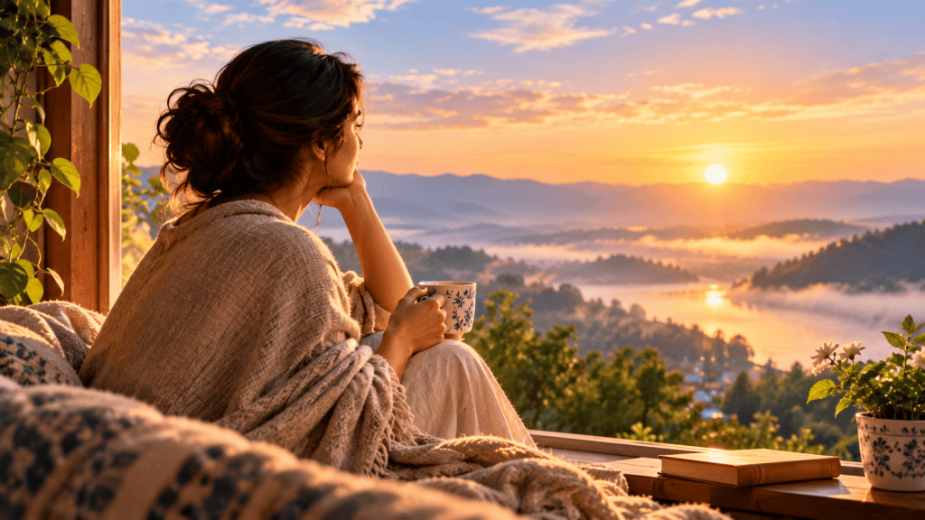 Woman sitting quietly beside a window at sunrise, reflecting on stillness, presence and inner awareness.